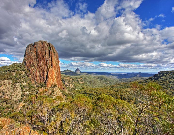 Warrumbungle National Park with cloudy blue sky in NSW Australia